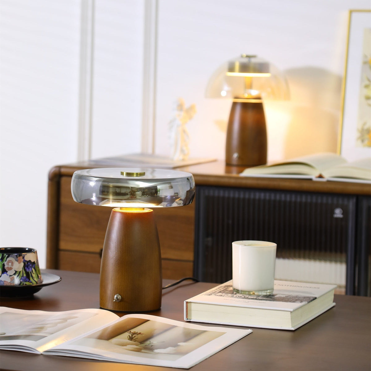 Veyra Modern Walnut Wood Table Lamp with Glass Shade for Bedroom and Living Room