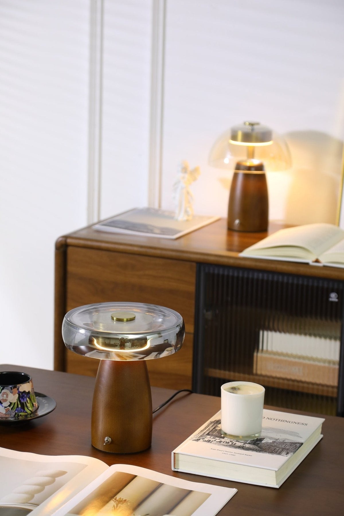 Veyra Modern Walnut Wood Table Lamp with Glass Shade for Bedroom and Living Room