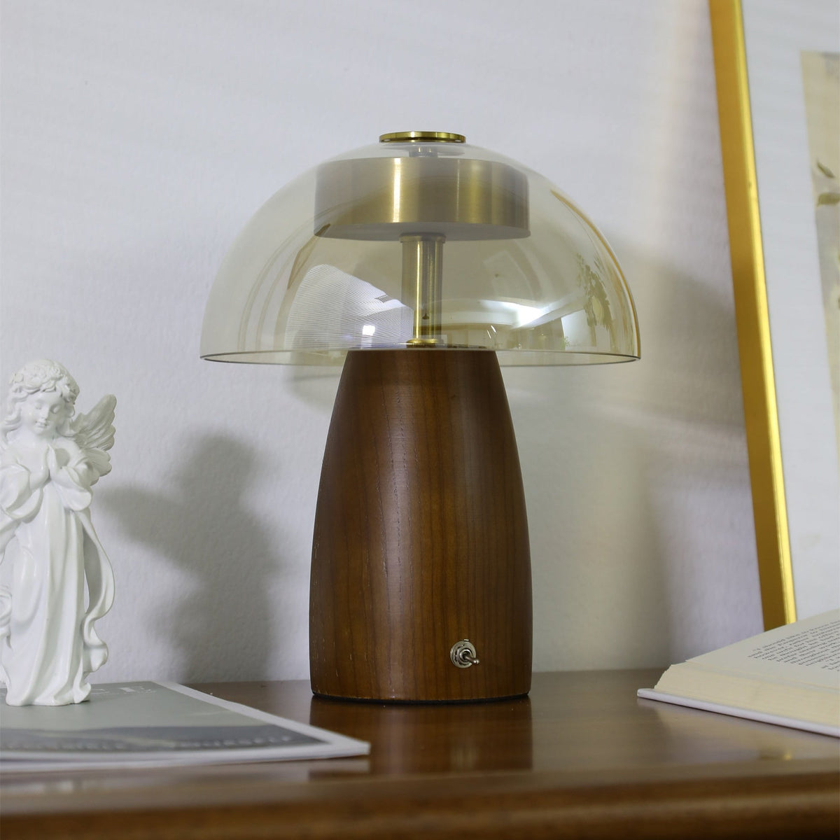 Veyra Modern Walnut Wood Table Lamp with Glass Shade for Bedroom and Living Room