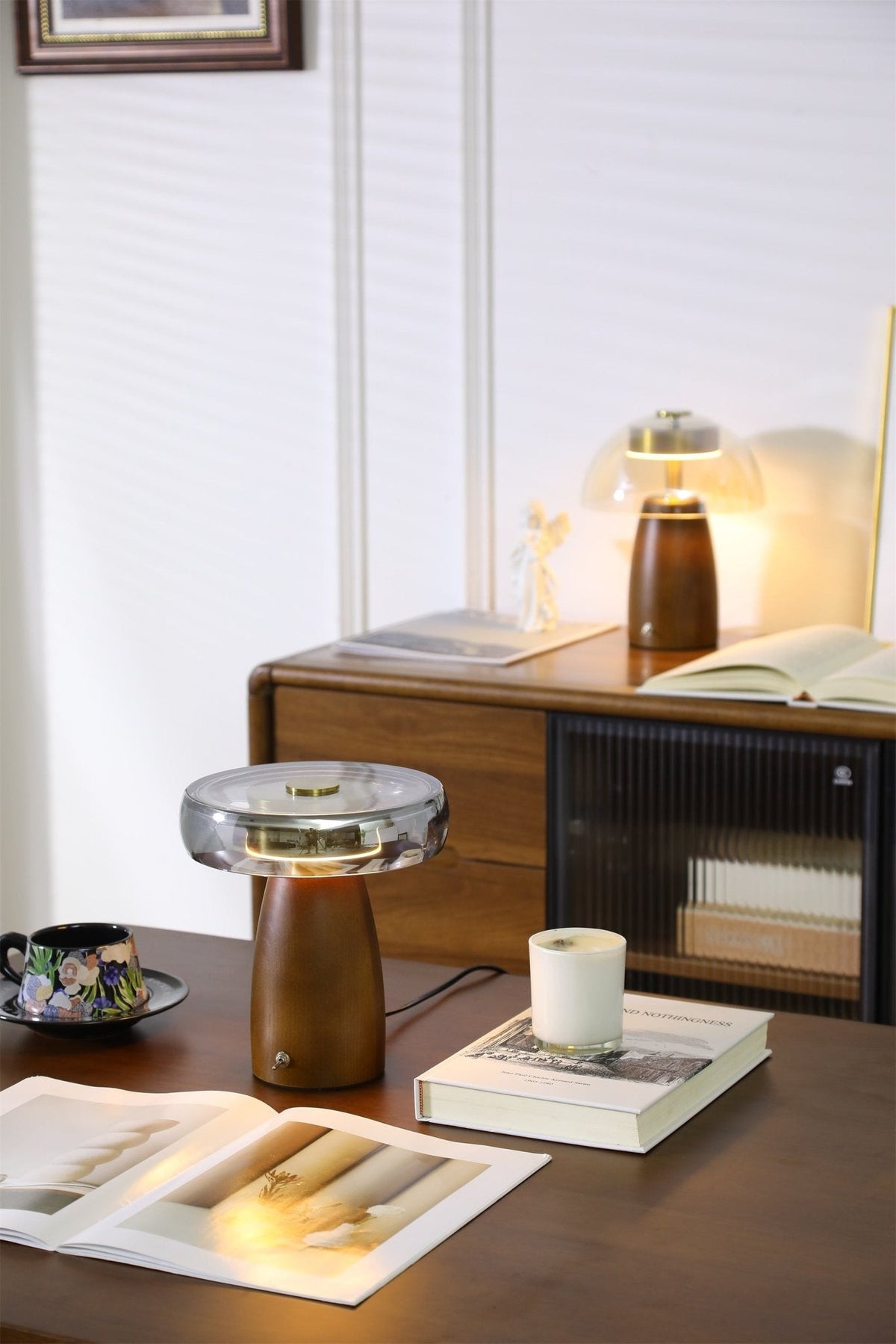 Veyra Modern Walnut Wood Table Lamp with Glass Shade for Bedroom and Living Room