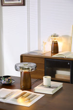 Veyra Modern Walnut Wood Table Lamp with Glass Shade for Bedroom and Living Room