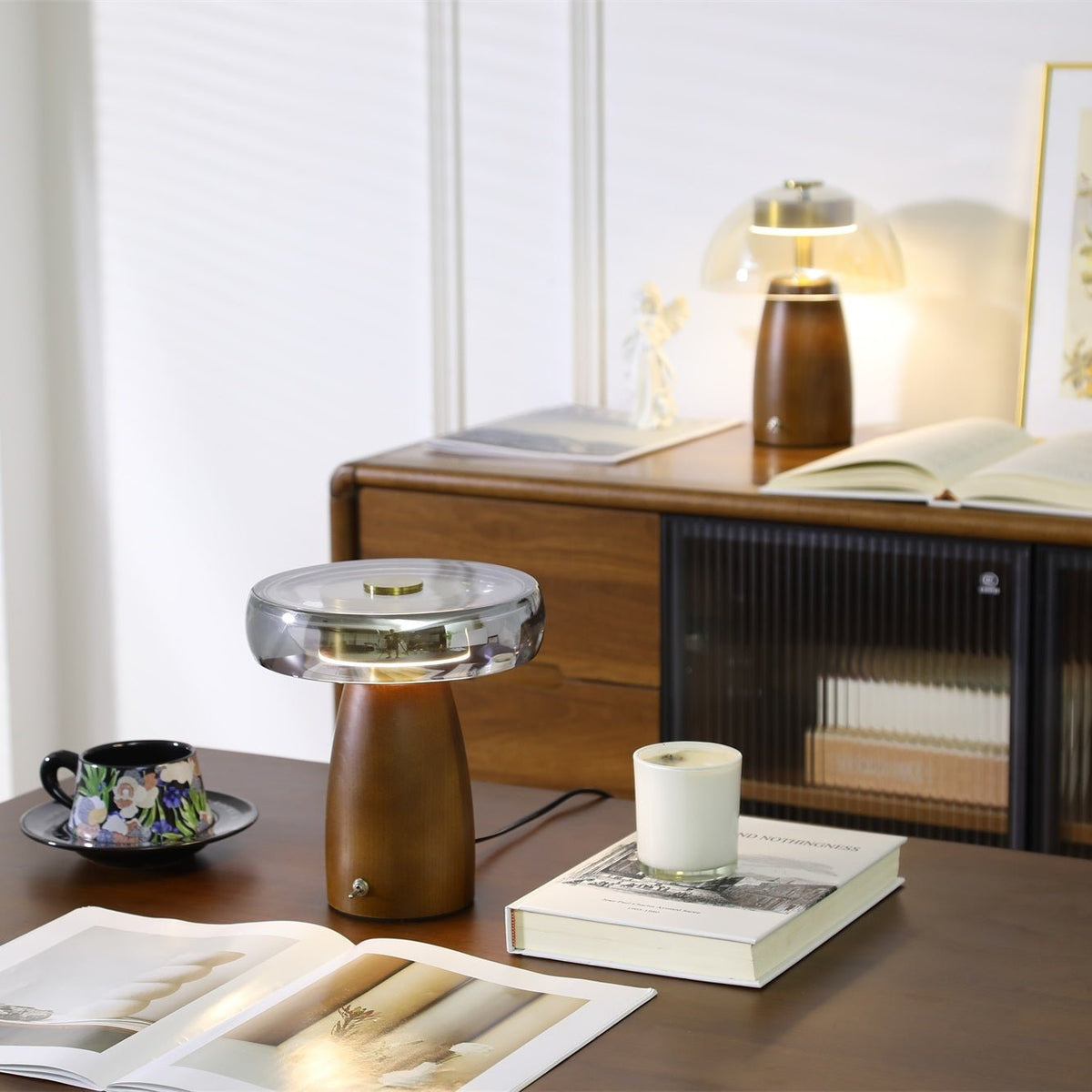 Veyra Modern Walnut Wood Table Lamp with Glass Shade for Bedroom and Living Room