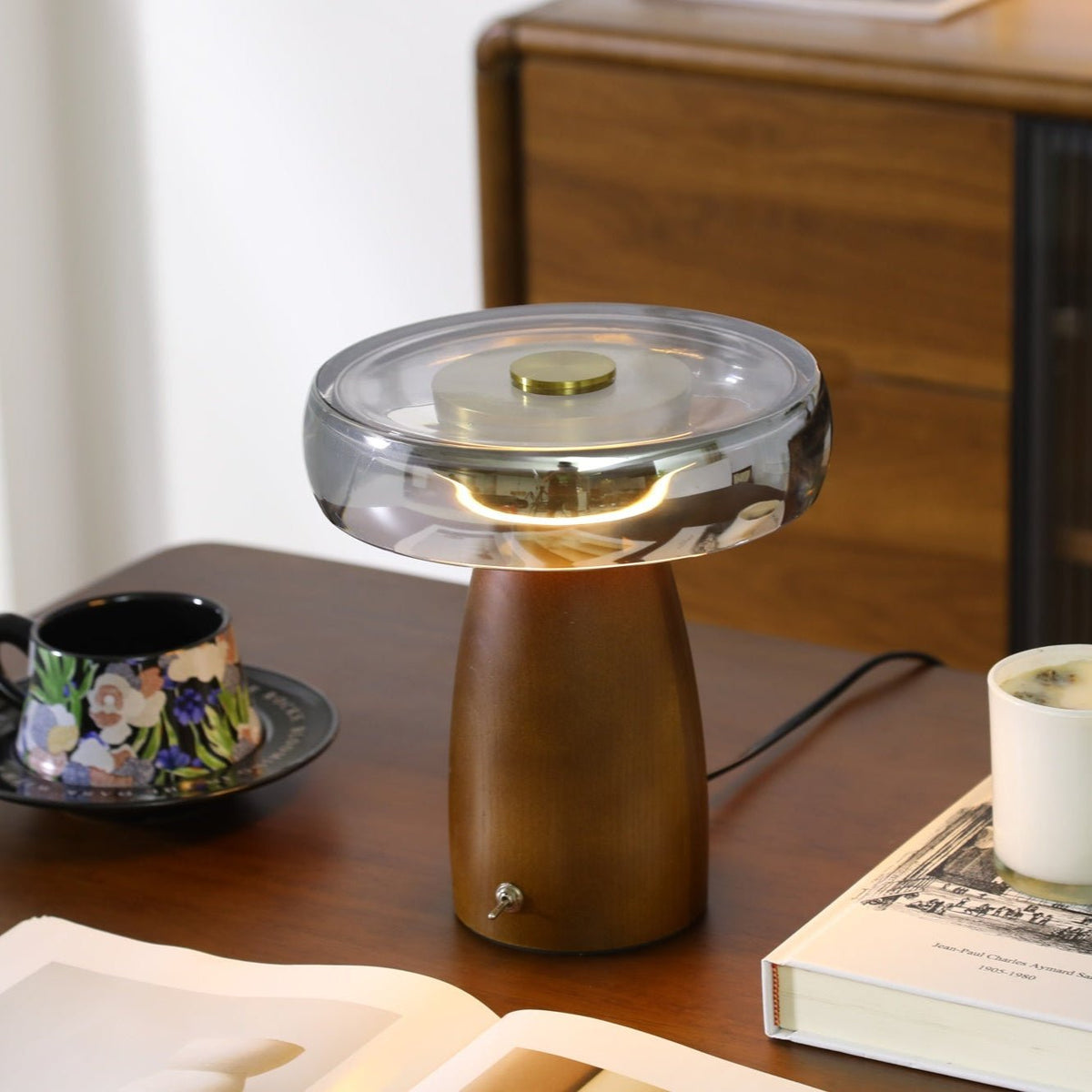 Veyra Modern Walnut Wood Table Lamp with Glass Shade for Bedroom and Living Room
