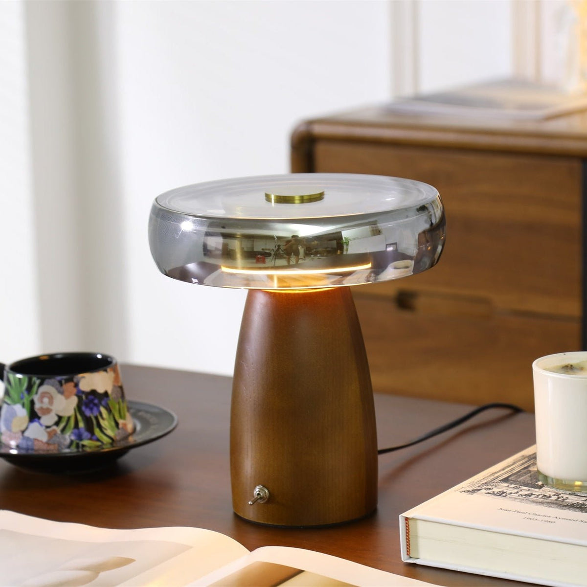 Veyra Modern Walnut Wood Table Lamp with Glass Shade for Bedroom and Living Room