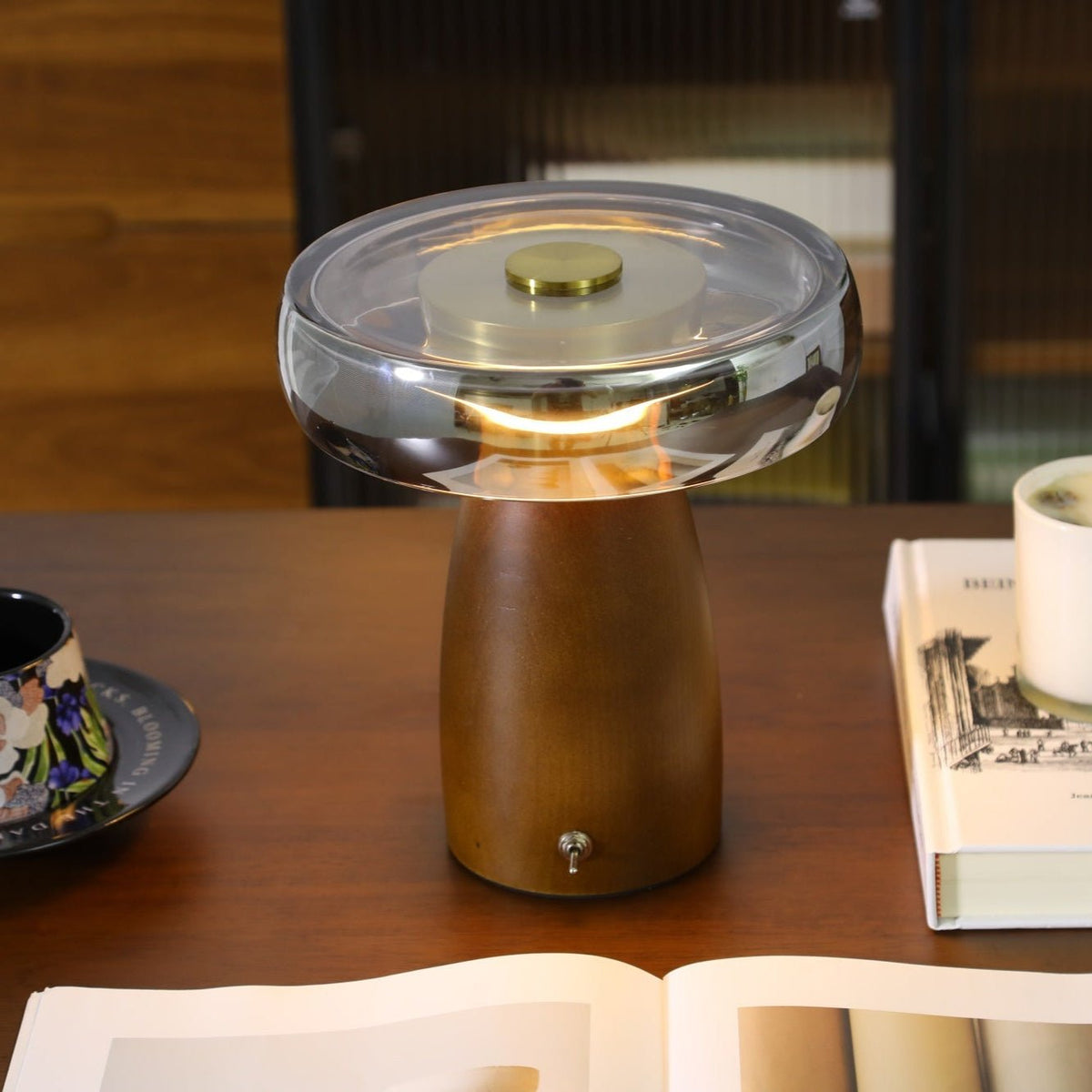 Veyra Modern Walnut Wood Table Lamp with Glass Shade for Bedroom and Living Room