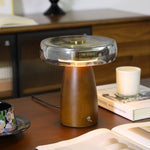 Veyra Modern Walnut Wood Table Lamp with Glass Shade for Bedroom and Living Room