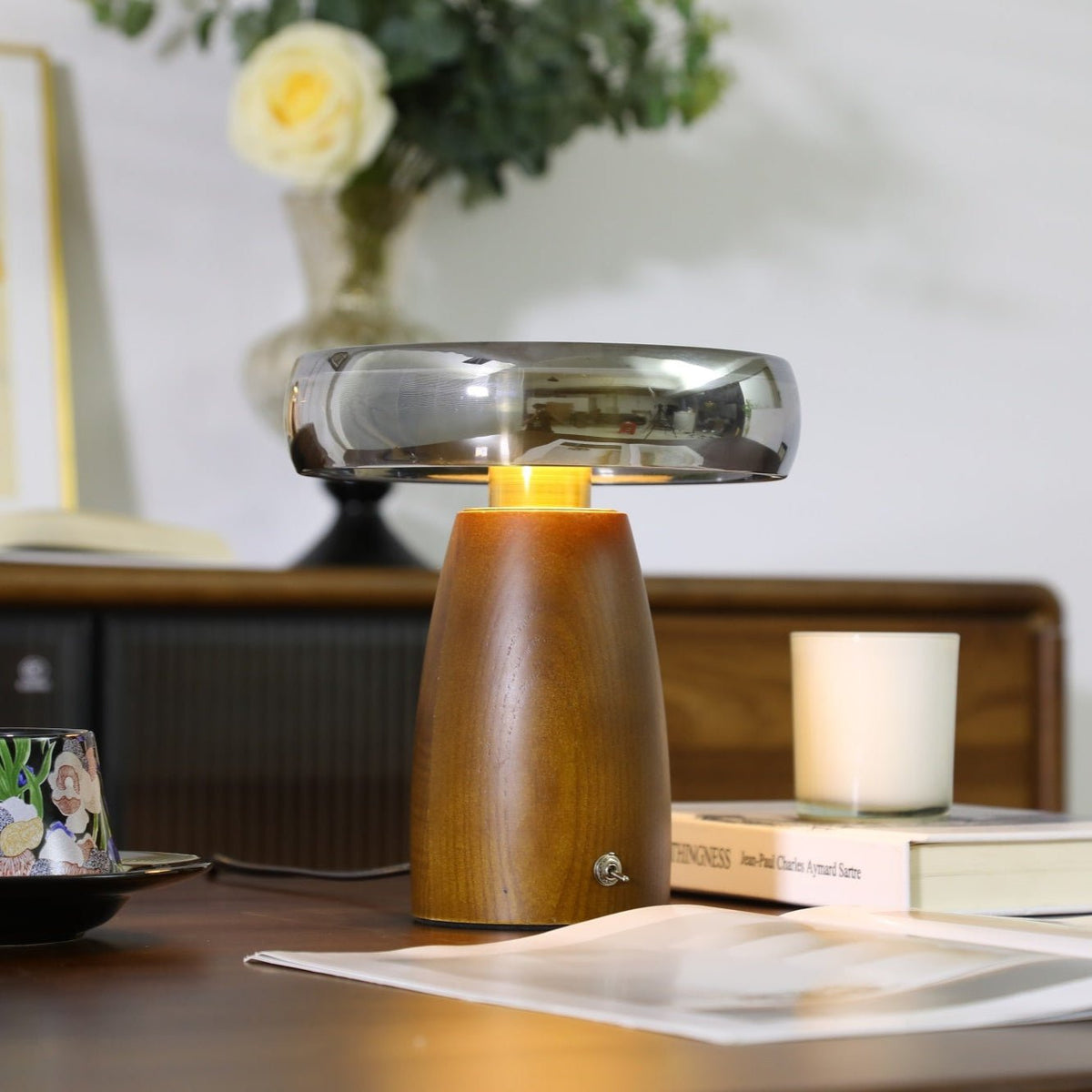 Veyra Modern Walnut Wood Table Lamp with Glass Shade for Bedroom and Living Room