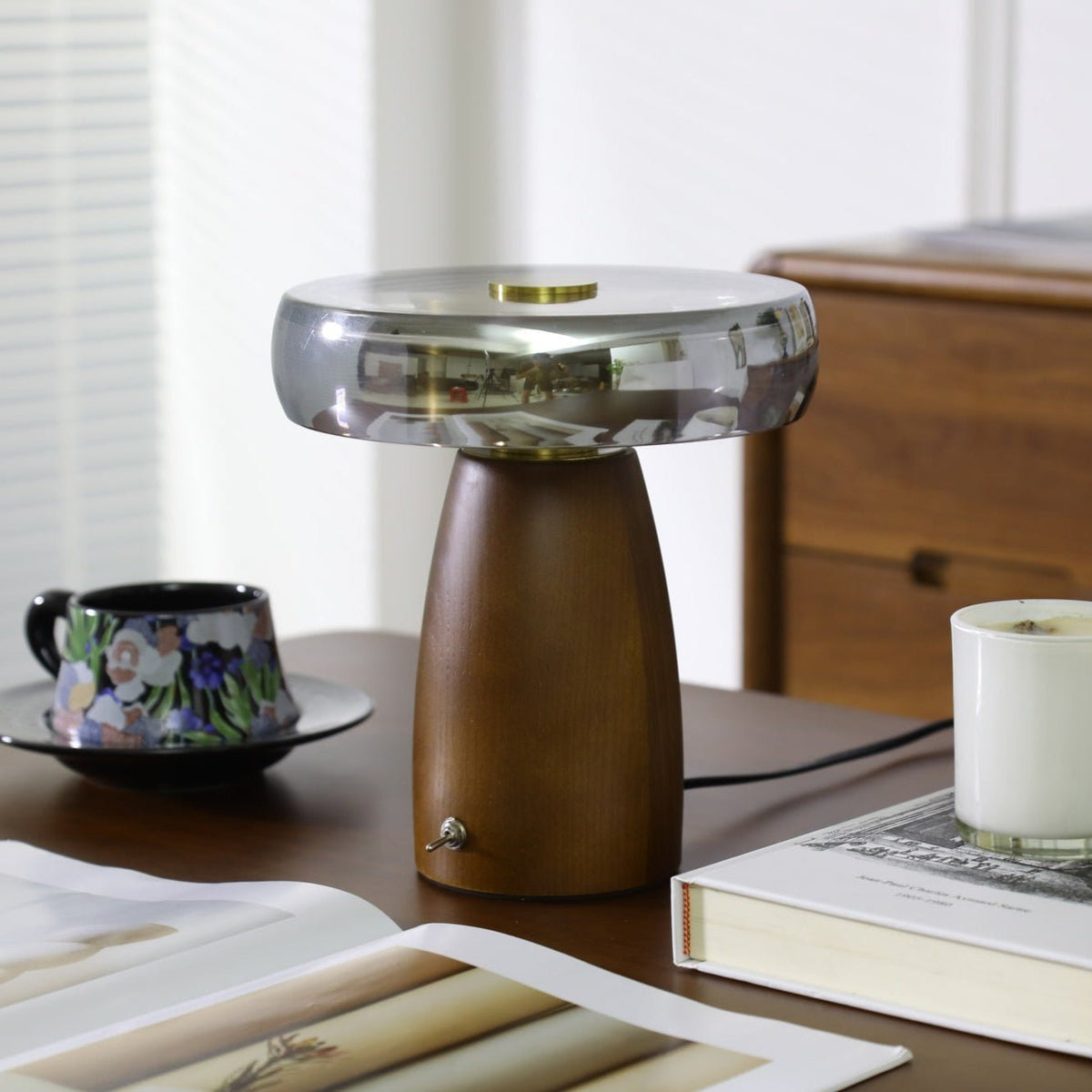 Veyra Modern Walnut Wood Table Lamp with Glass Shade for Bedroom and Living Room