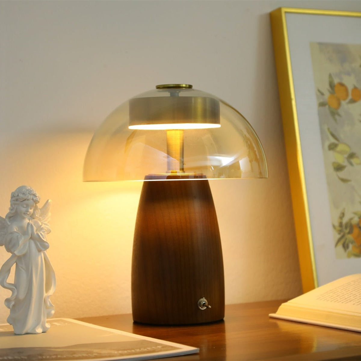 Veyra Modern Walnut Wood Table Lamp with Glass Shade for Bedroom and Living Room