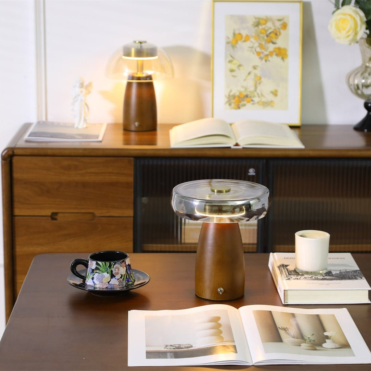 Veyra Modern Walnut Wood Table Lamp with Glass Shade for Bedroom and Living Room