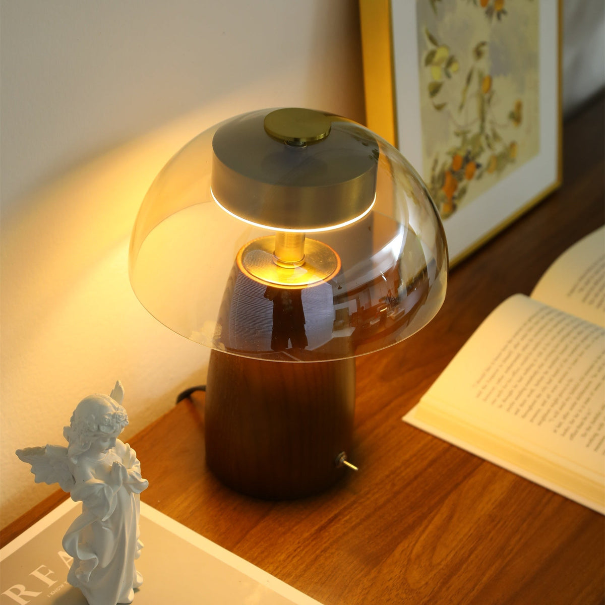 Veyra Modern Walnut Wood Table Lamp with Glass Shade for Bedroom and Living Room