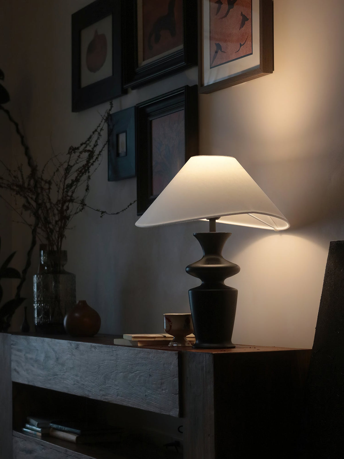 Vino Sculpted Wood Table Lamp with White Fabric Shade