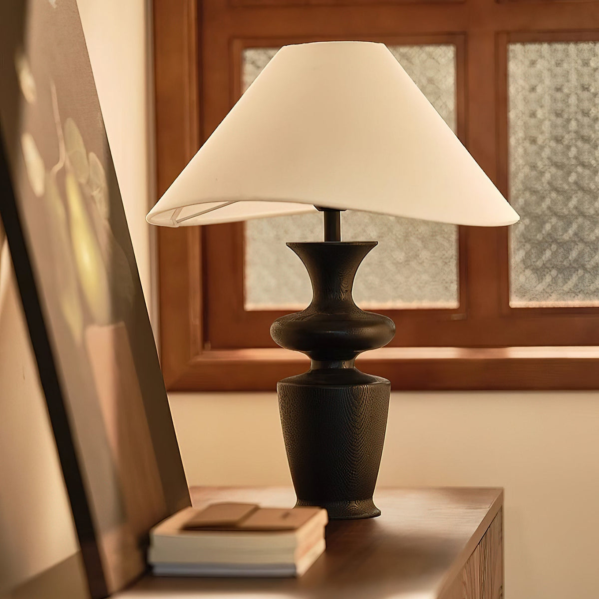Vino Sculpted Wood Table Lamp with White Fabric Shade