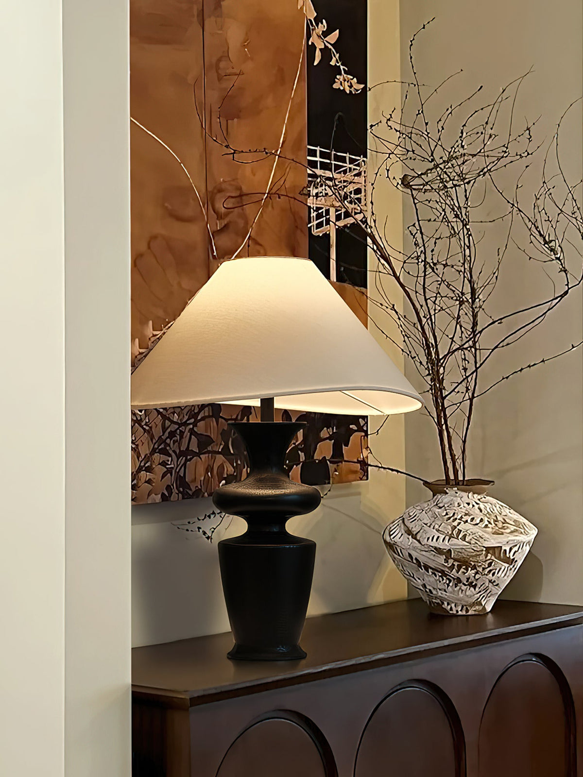 Vino Sculpted Wood Table Lamp with White Fabric Shade