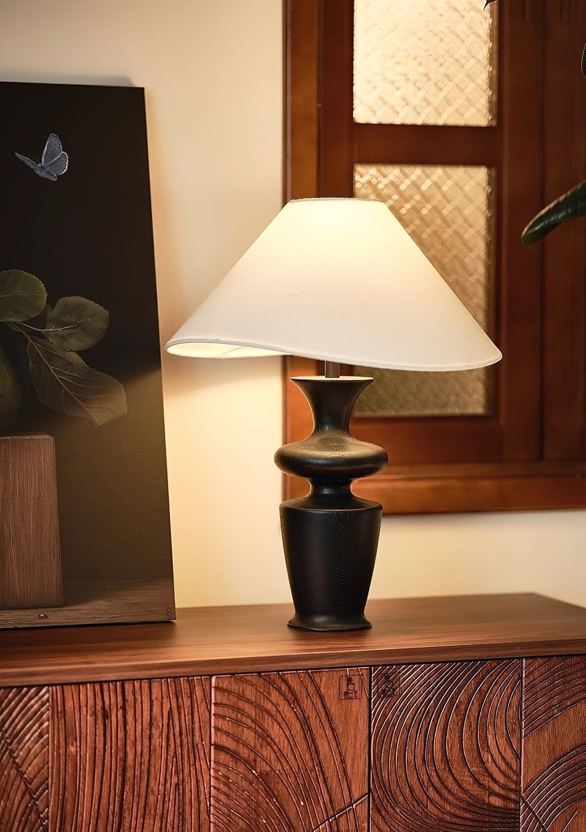 Vino Sculpted Wood Table Lamp with White Fabric Shade