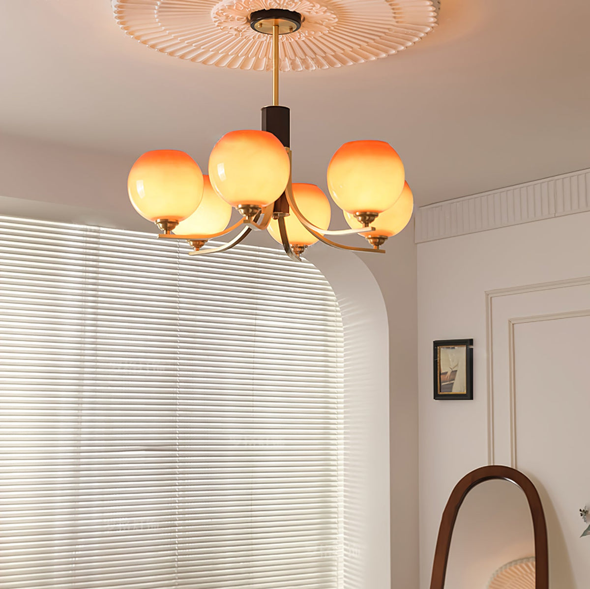 Caramel Globe Chandelier – Six-Light Brass & Glass Pendant for Dining and Living Spaces