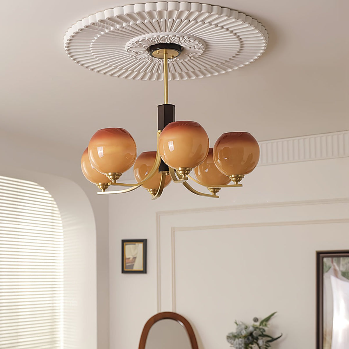 Caramel Globe Chandelier – Six-Light Brass & Glass Pendant for Dining and Living Spaces