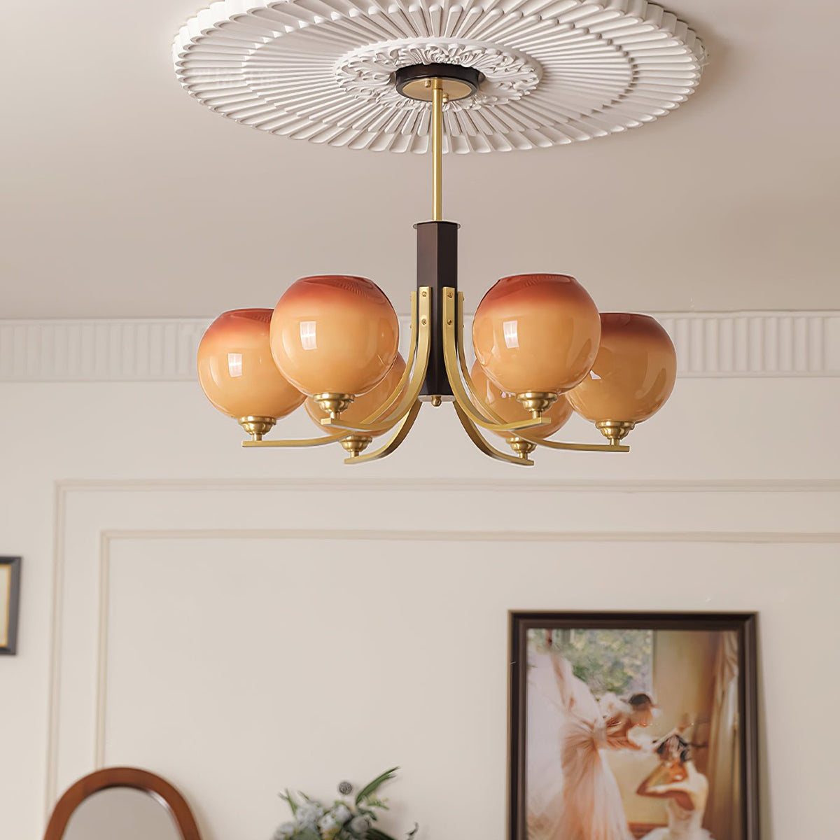 Caramel Globe Chandelier – Six-Light Brass & Glass Pendant for Dining and Living Spaces