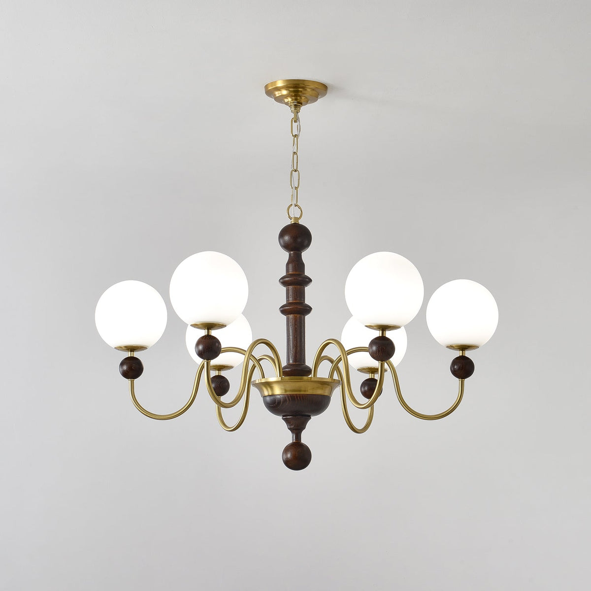 Curved Sphere Chandelier in Gold and Walnut with Frosted Glass