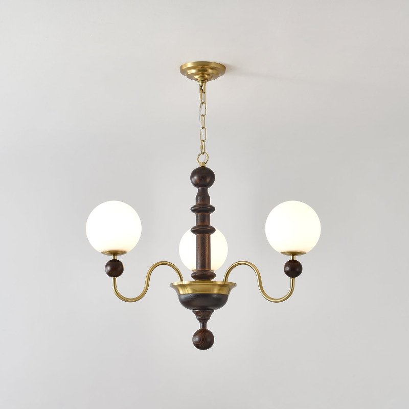 Curved Sphere Chandelier in Gold and Walnut with Frosted Glass