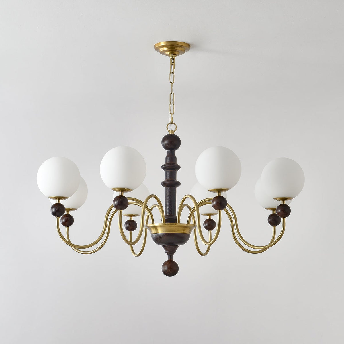 Curved Sphere Chandelier in Gold and Walnut with Frosted Glass