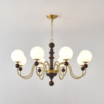 Curved Sphere Chandelier in Gold and Walnut with Frosted Glass