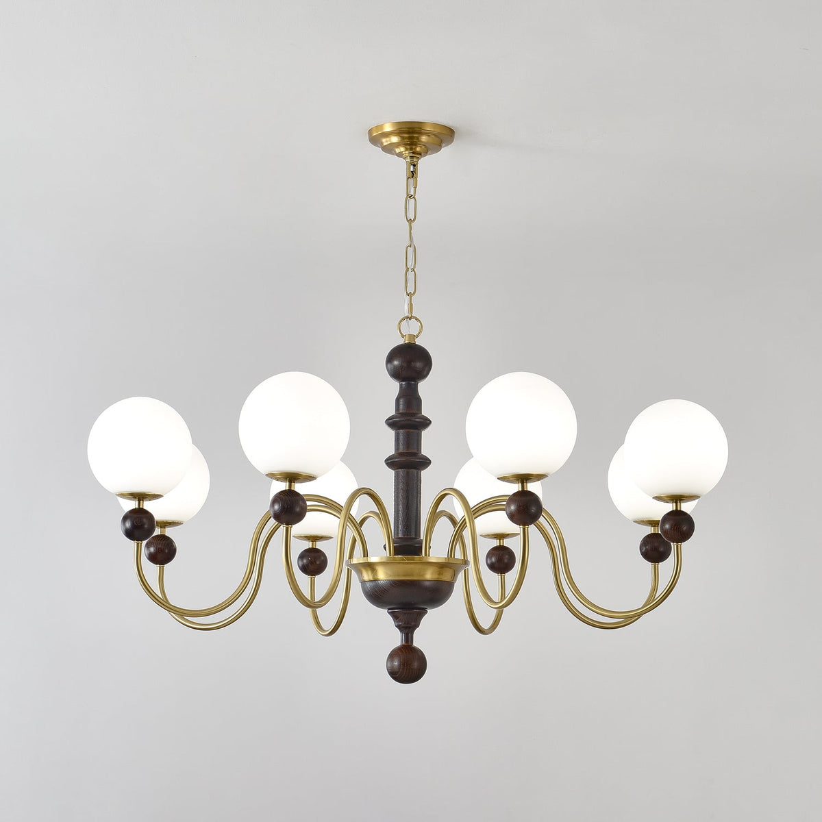 Curved Sphere Chandelier in Gold and Walnut with Frosted Glass
