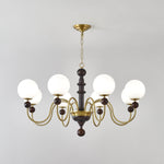 Curved Sphere Chandelier in Gold and Walnut with Frosted Glass