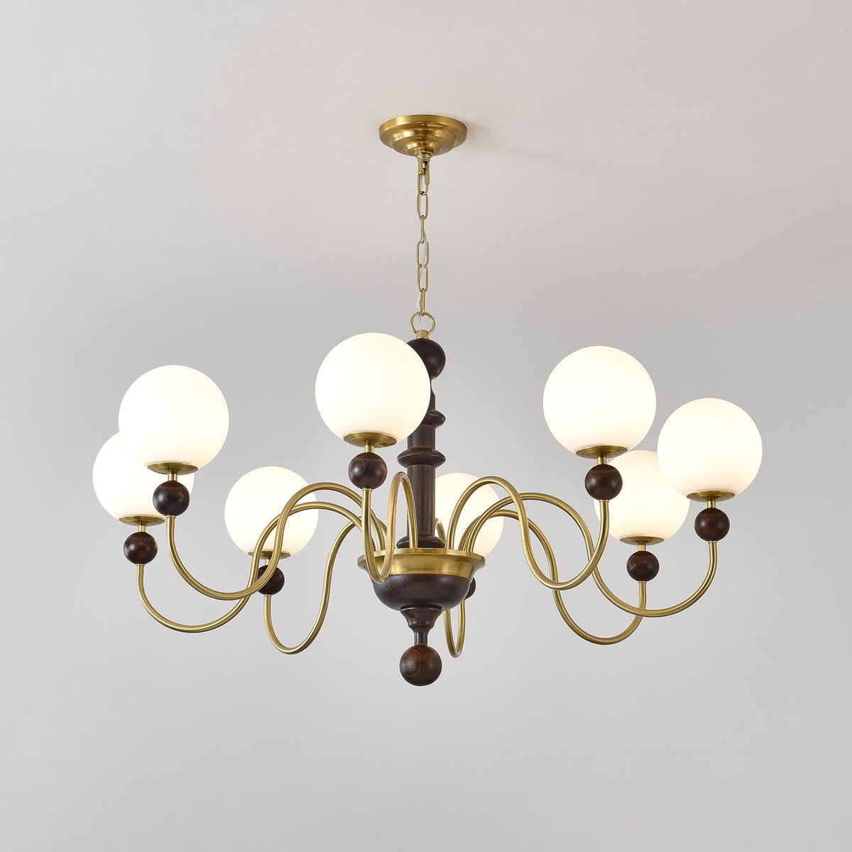 Curved Sphere Chandelier in Gold and Walnut with Frosted Glass