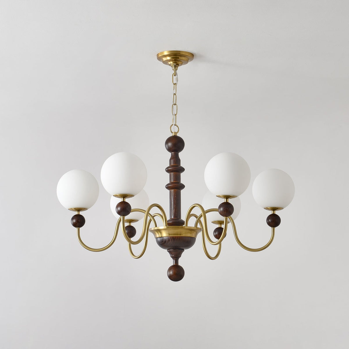 Curved Sphere Chandelier in Gold and Walnut with Frosted Glass