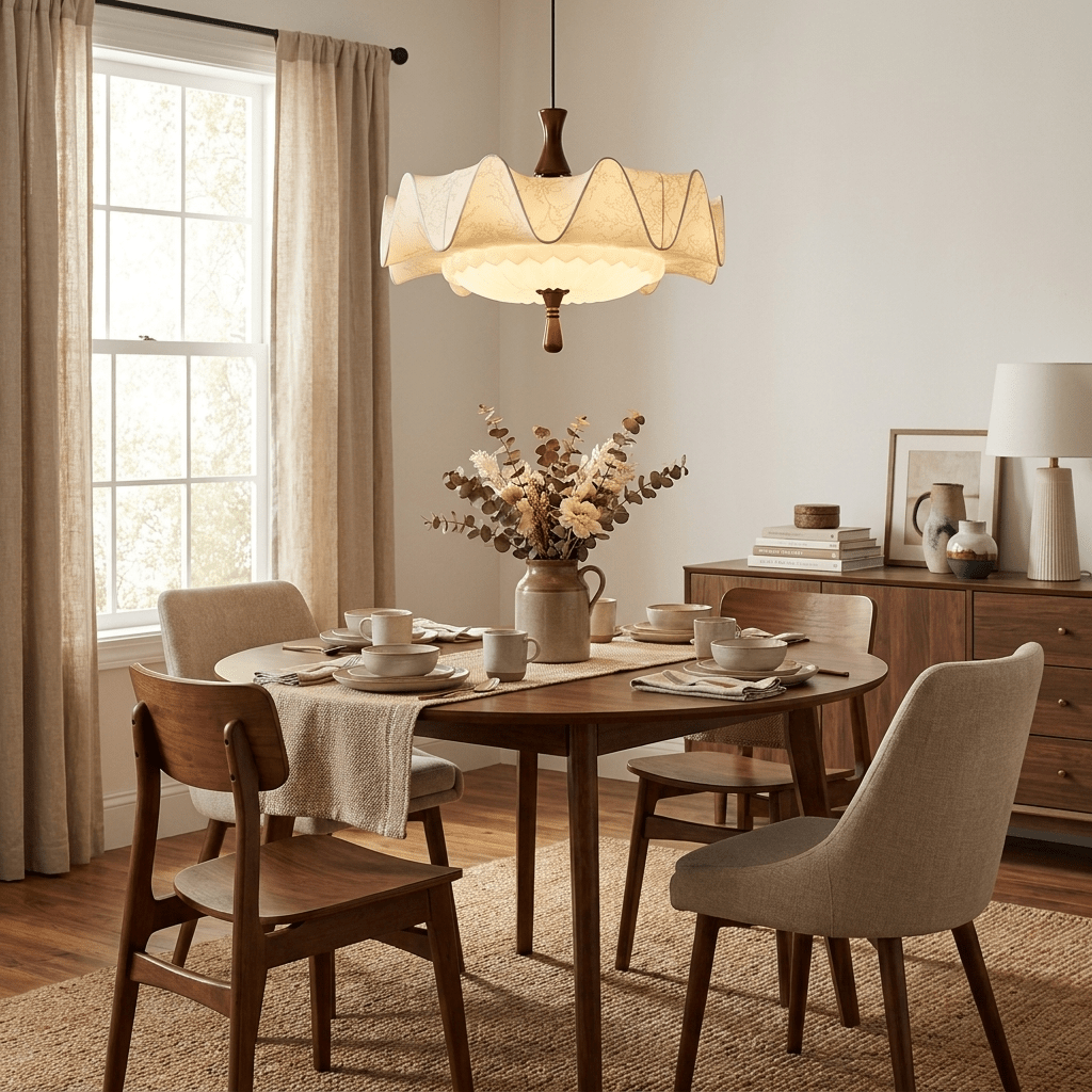 Scalloped Floral Pendant Light with Walnut Accents