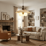 Pleated Petal Pendant Light – Designer Fabric Shade, Walnut Accent