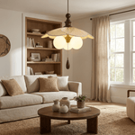 Pleated Petal Pendant Light – Designer Fabric Shade, Walnut Accent