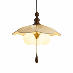Pleated Petal Pendant Light – Designer Fabric Shade, Walnut Accent