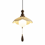 Pleated Petal Pendant Light – Designer Fabric Shade, Walnut Accent