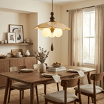 Pleated Petal Pendant Light – Designer Fabric Shade, Walnut Accent