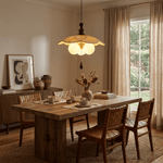 Pleated Petal Pendant Light – Designer Fabric Shade, Walnut Accent