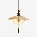 Pleated Petal Pendant Light – Designer Fabric Shade, Walnut Accent