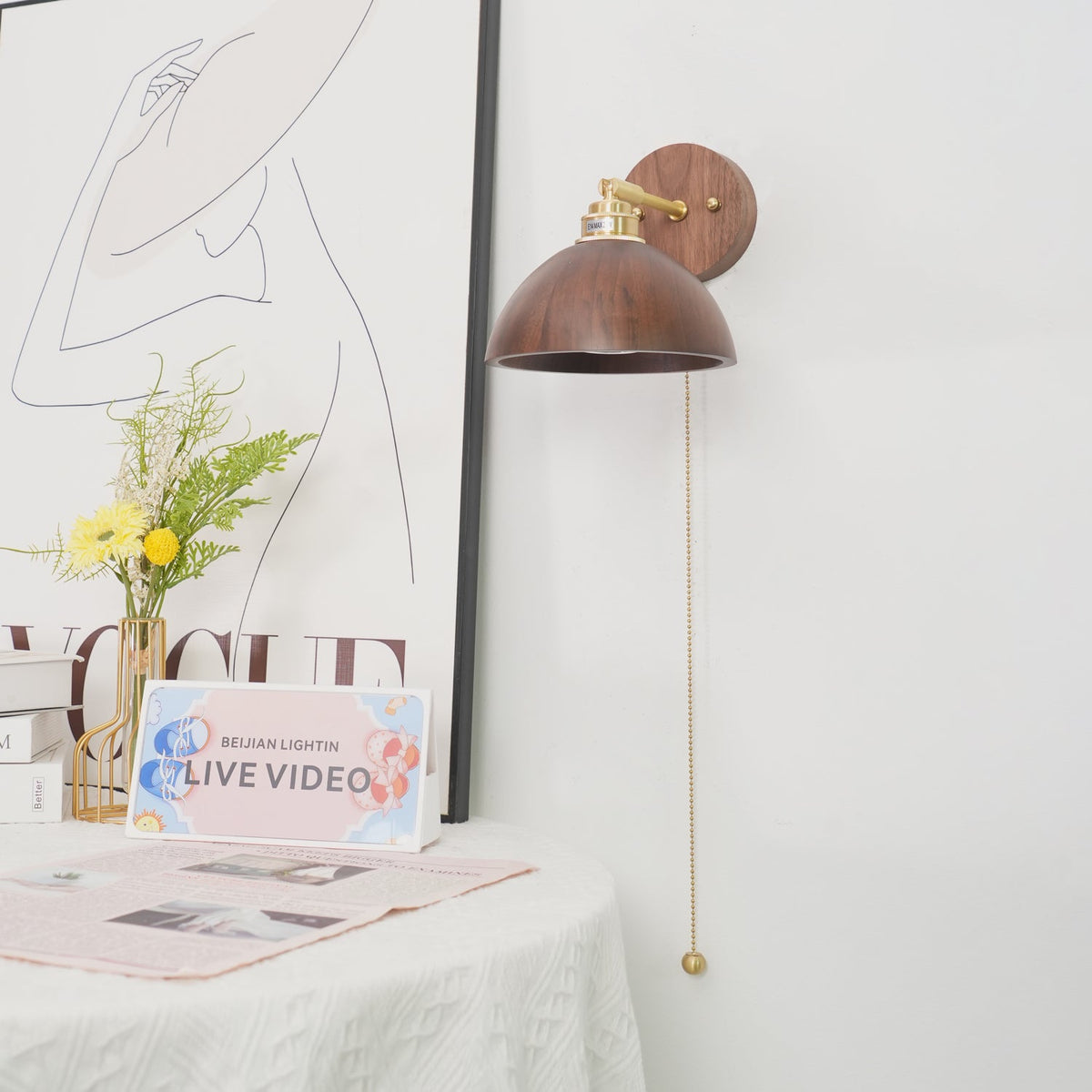 Rhett Wall Sconce with Pull Chain in Brass and Walnut
