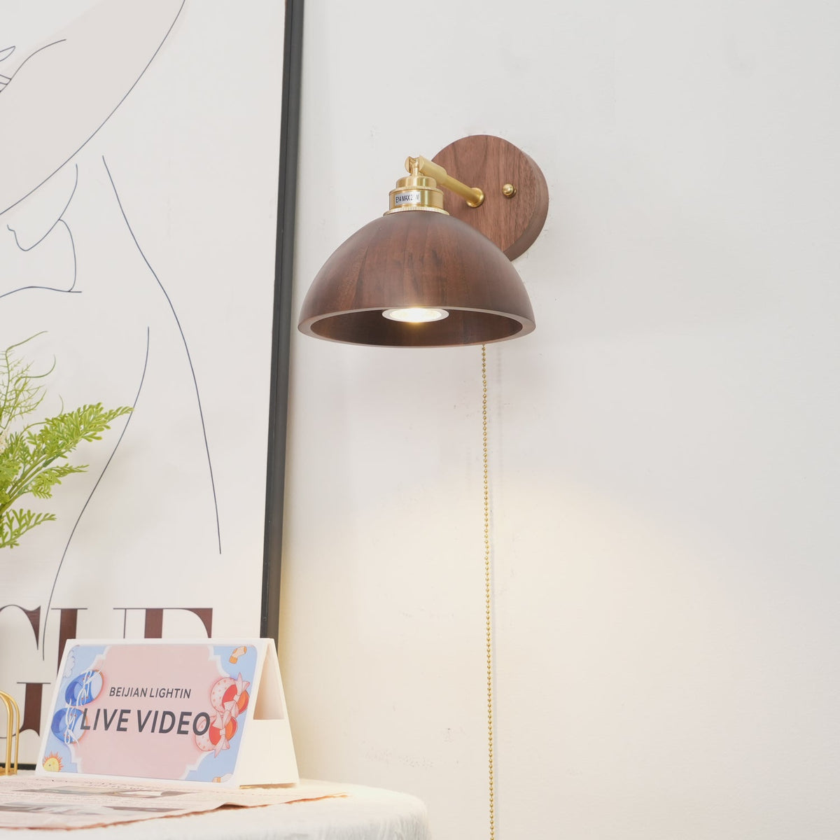 Rhett Wall Sconce with Pull Chain in Brass and Walnut