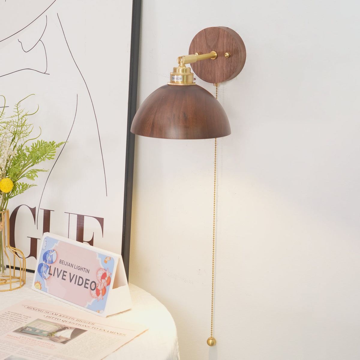 Rhett Wall Sconce with Pull Chain in Brass and Walnut