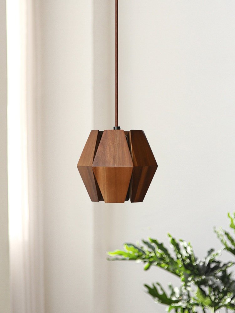 Virex Wood Pendant Light – Faceted Walnut Geometric Lantern