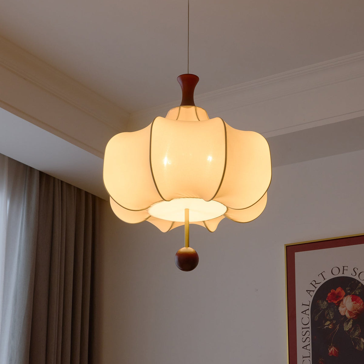 Vivienne Cloud Fabric Pendant Light with Walnut Wood Accents