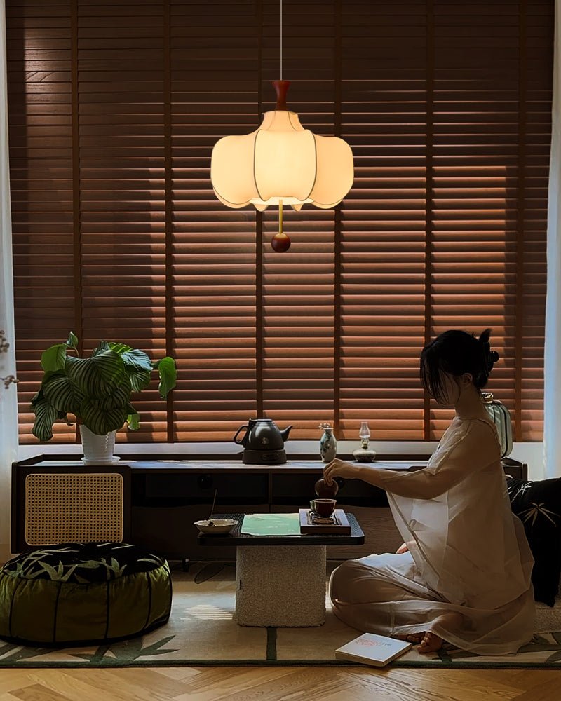 Vivienne Cloud Fabric Pendant Light with Walnut Wood Accents