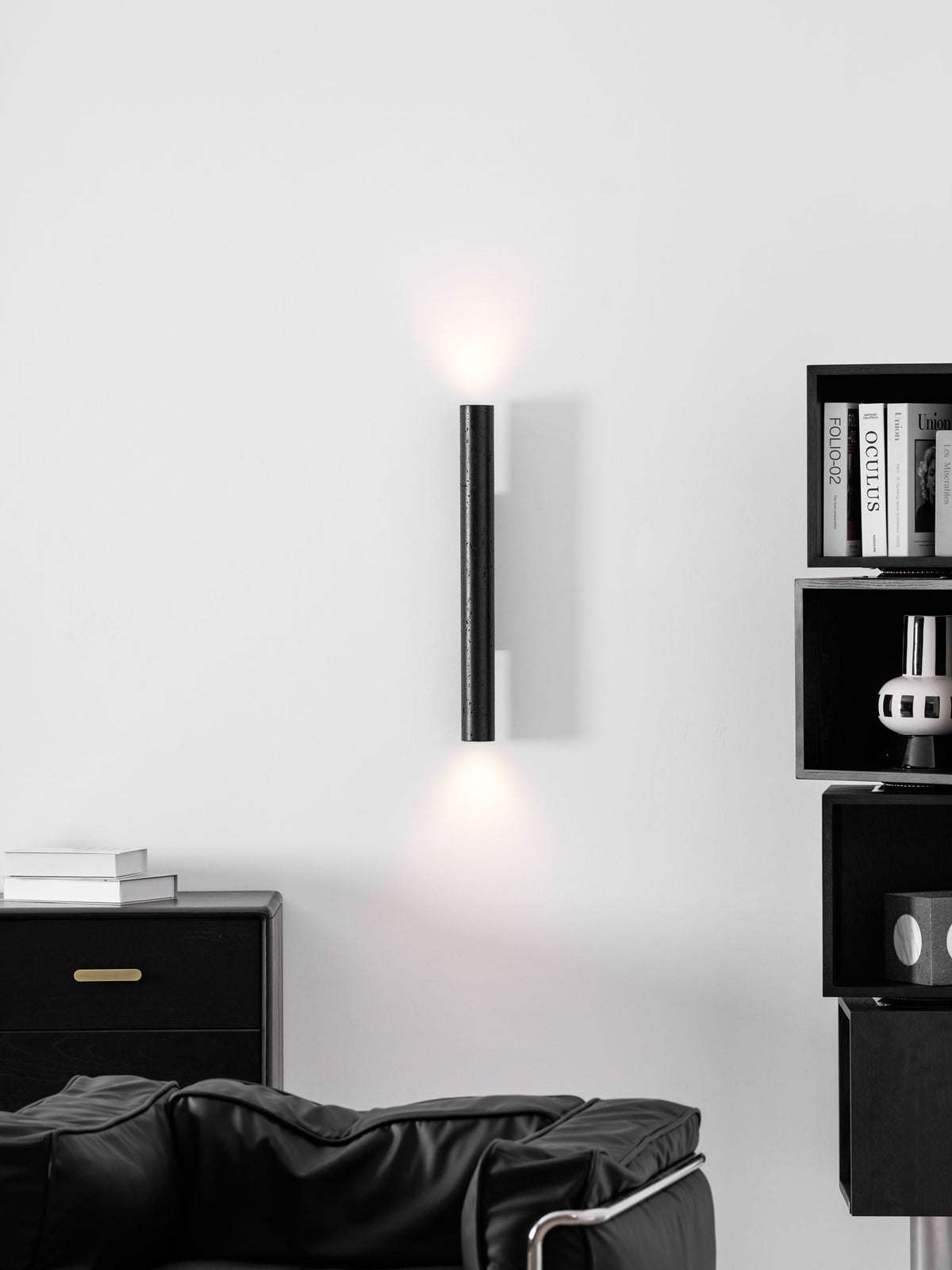 Volcanic Noir Wall Sconce – Black Travertine & Walnut Up-Down Light