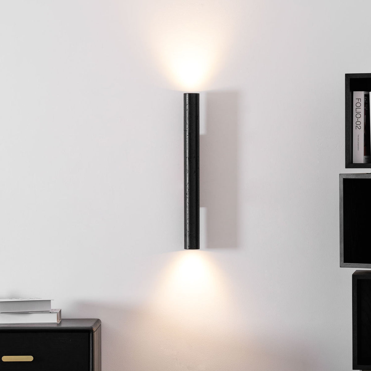 Volcanic Noir Wall Sconce – Black Travertine & Walnut Up-Down Light