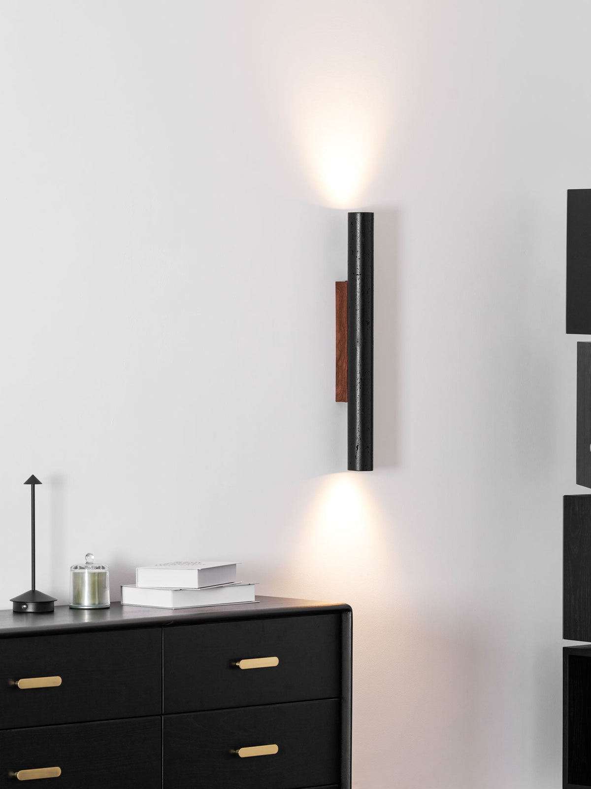 Volcanic Noir Wall Sconce – Black Travertine & Walnut Up-Down Light