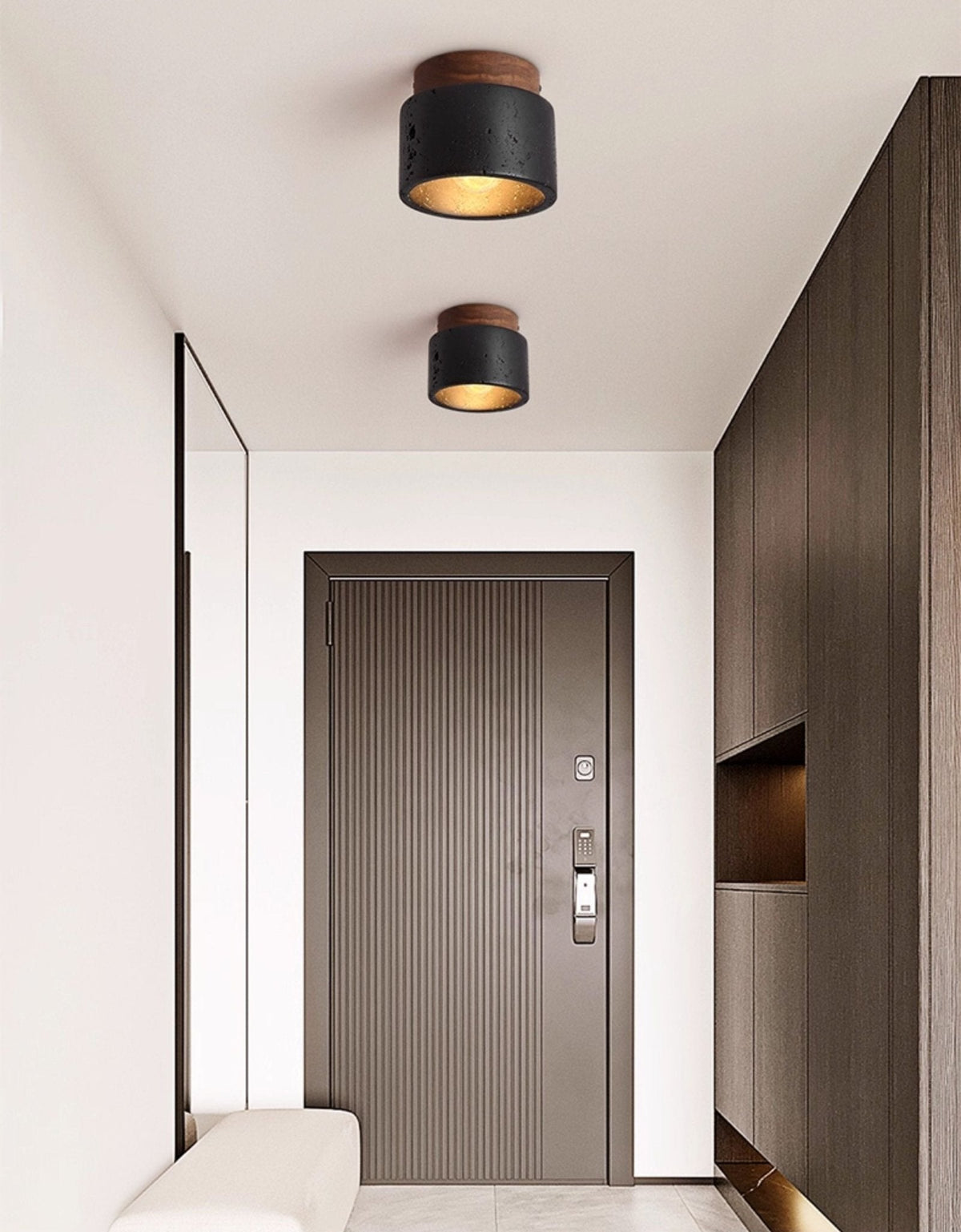 Volcanic Glow Flush Mount Ceiling Light in Black Travertine and Walnut