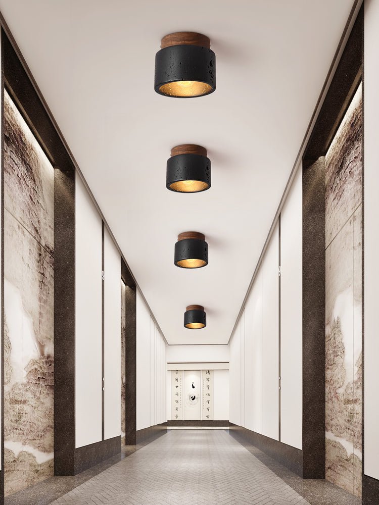 Volcanic Glow Flush Mount Ceiling Light in Black Travertine and Walnut