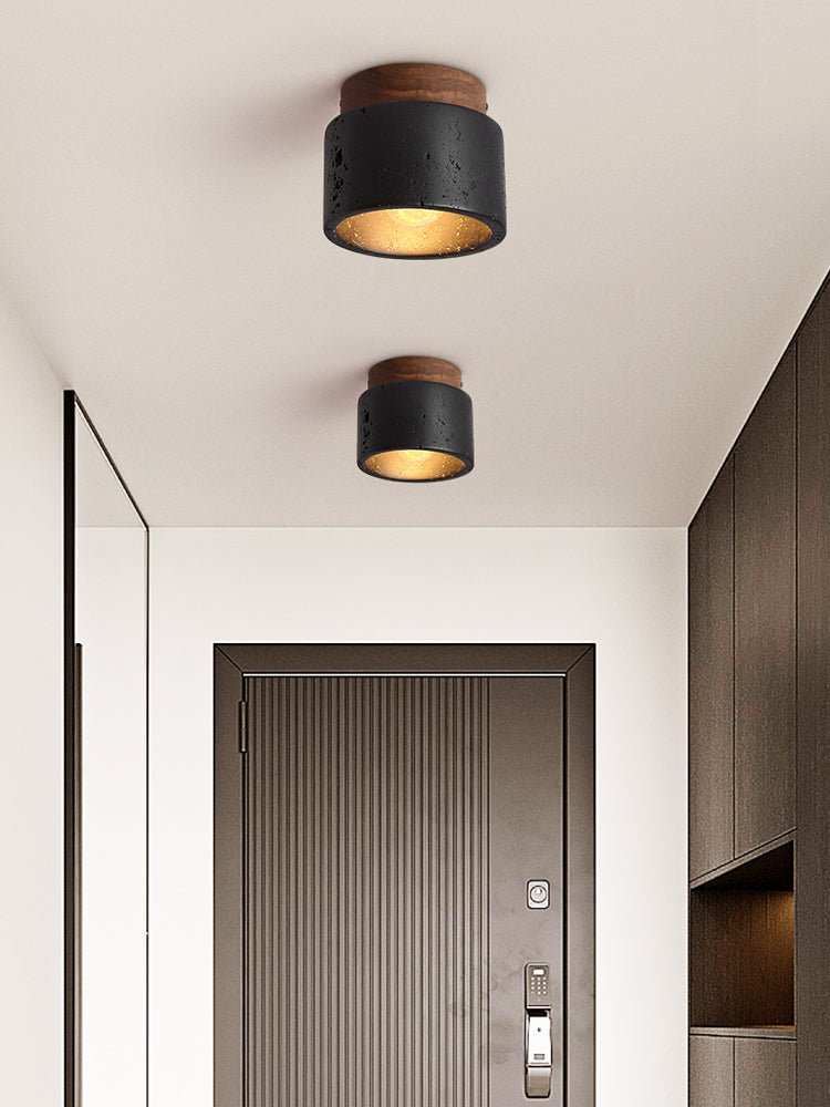 Volcanic Glow Flush Mount Ceiling Light in Black Travertine and Walnut